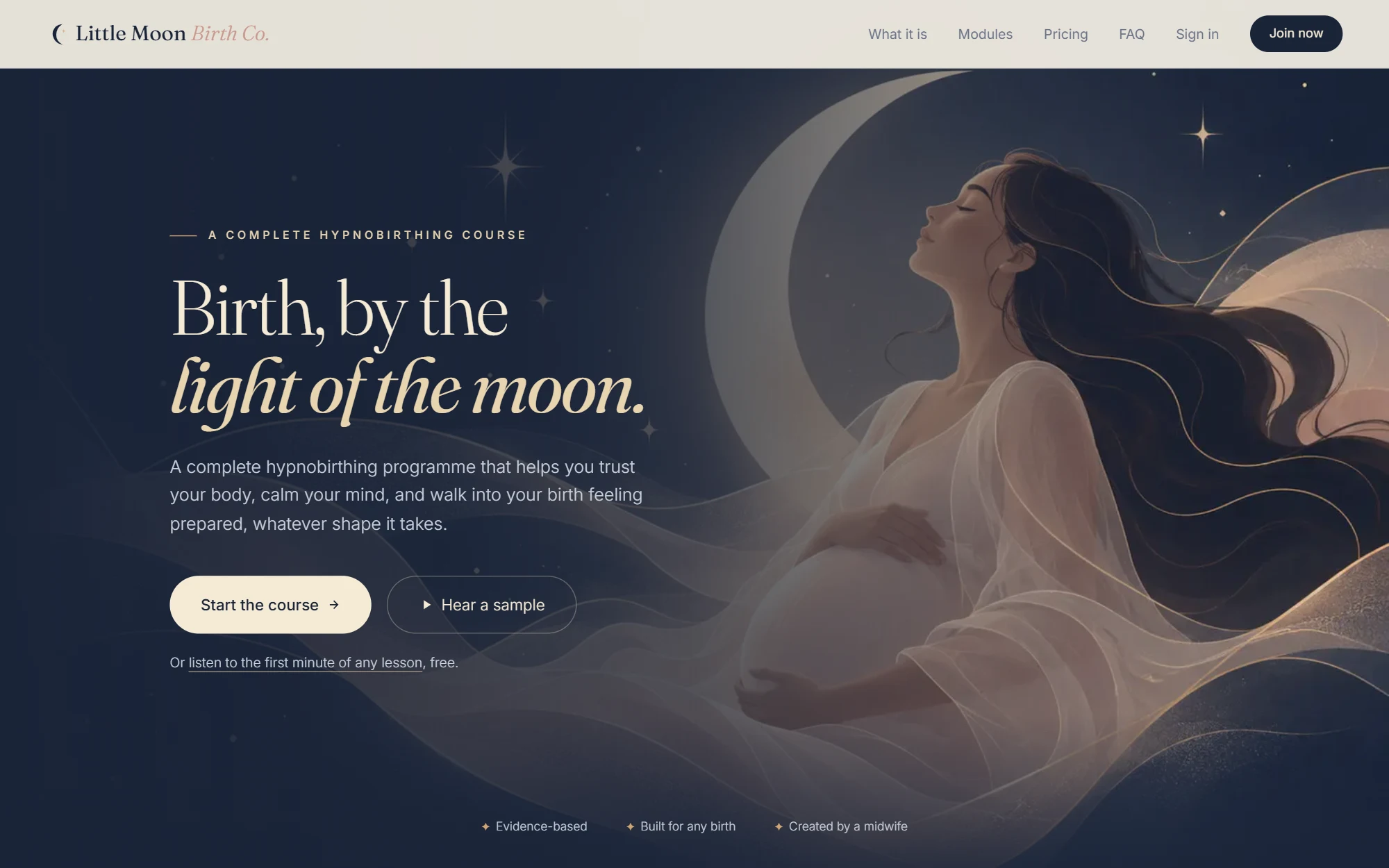 Little Moon Birth Company home page: Birth, by the light of the moon, with the course's start and sample buttons
